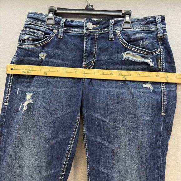 Silver Jeans Women's 30x22.5 (10) Dark Blue Suki Capris Distressed Preppy Summer - Picture 10 of 13